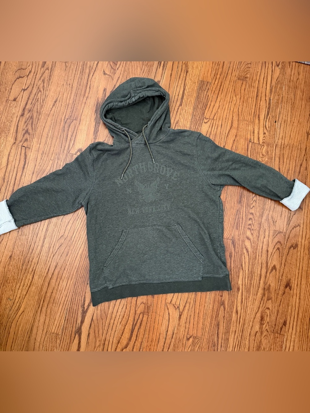 H&M L.O.G.G. Men's Hoodie Size Large L Olive Green NYC Eagle Graphic Pullover
